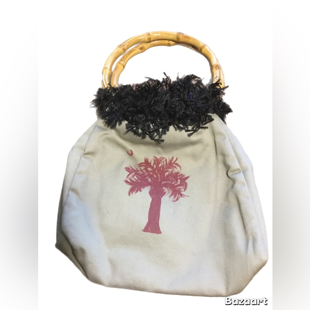 Small Canvas Tote with Bamboo Handles - Black Trim